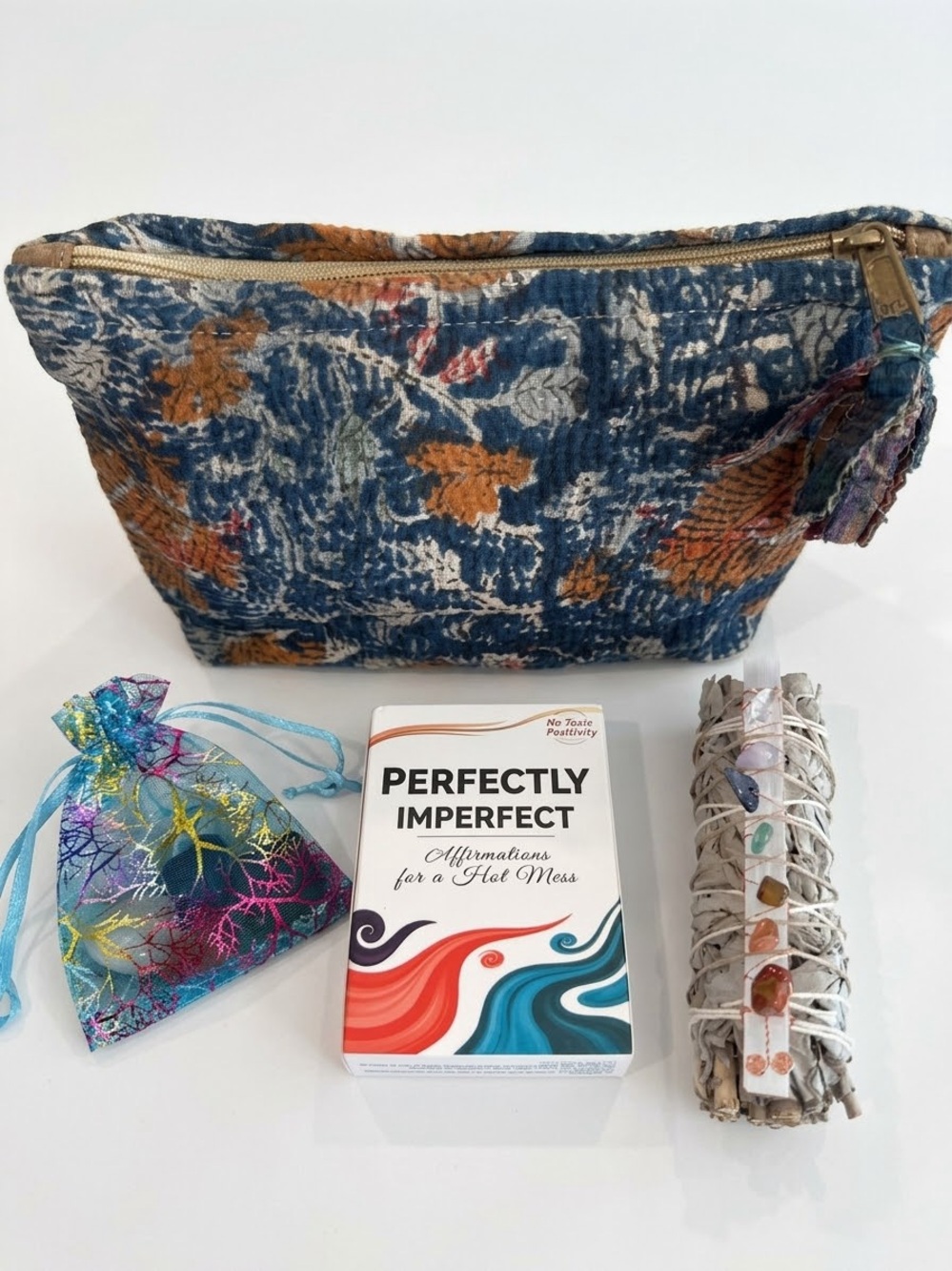 Kantha Floral Tapestry Cosmetic Bag Pouch Filled with Goodies
